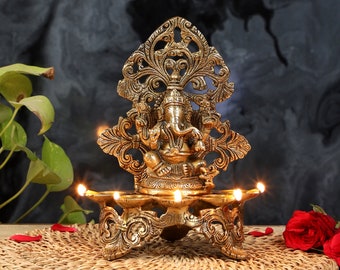 Brass Panchdeep Ganesha Carving Diya, Indian Decor Diya, Pooja Decor, Brass Oil Lamp