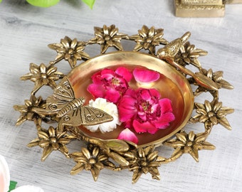 Brass Flowers Bird and Butterfly Style Brass Urli Bowl, Brass Urli Bowl for Home Decor, Brass Urli Pot