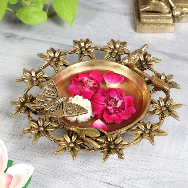 Brass Flowers Bird and Butterfly Style Brass Urli Bowl, Brass Urli Bowl for Home Decor, Brass Urli Pot