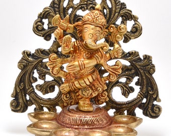 Dancing Ganesha Brass 5 Oil Wick Diya, Indian Home Decor, Home Decor India, Diyas for Decoration