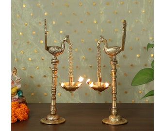 Brass Peacock Diya Pair, Peacock Design 9 Inches Brass Hanging Diya Pair, Brass Decorative Diyas