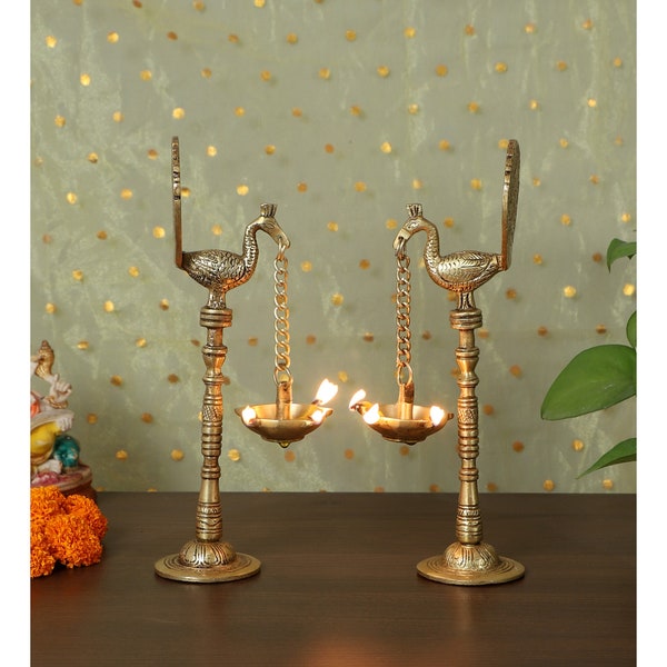 Brass Peacock Diya Pair, Peacock Design 9 Inches Brass Hanging Diya Pair, Brass Decorative Diyas