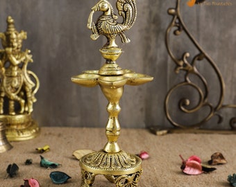 Handmade Peacock Over Ethnic Carved Legs Five Oil Wick Brass Diya, Brass Oil Diya Lamp, Indian Decor Diya, Indian Homeware