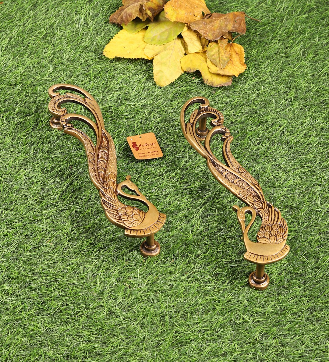 Peacock Design 11 Inches Brass Door Handle Pair, Brass Main Door