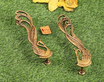 Peacock Design 11 Inches Brass Door Handle Pair, Brass Main Door Handles, Decorative Handles, Indian Home Decor