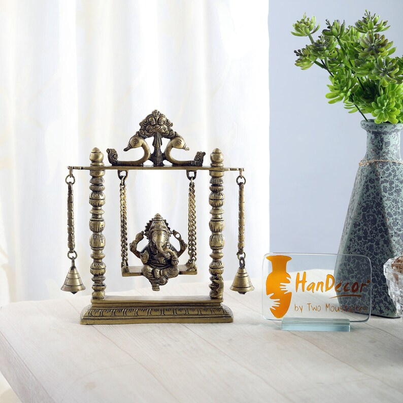 Showpieces for Home Decor Ganesha on Jhoola Swing with Bells Brass Showpiece Indian Decor Art Indian Art Showpieces