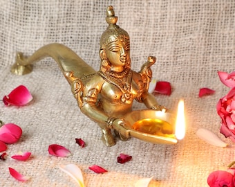 Mermaid Design Brass Diya, Brass Pooja Diya, Antique Brass Diya, House Warming Gifs, Diyas for Home Decor, Brass Oil Lamp