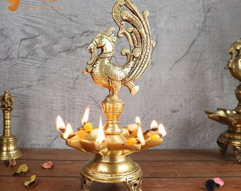 Peacock Design 9 Oil Wick Brass Diya, Diyas for Home Decor, Indian Decor Diya, Brass Oil Lamp, Diya for Home Decor, Indian Homeware