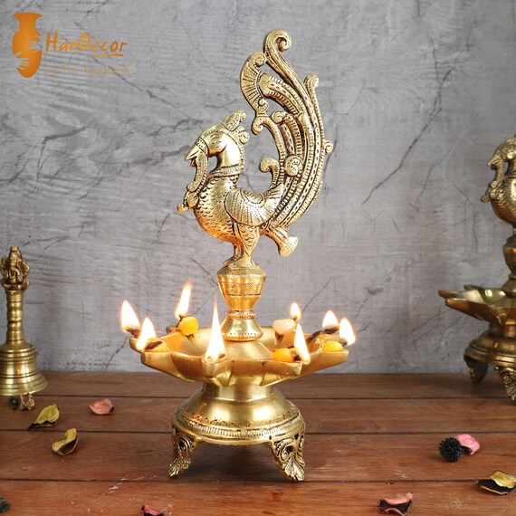 Peacock Design 9 Oil Wick Brass Diya Diyas for Home Decor Indian