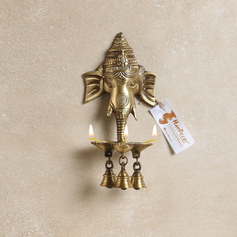 Brass Ganesha Wall Hanging Deepak With Bells Etsy