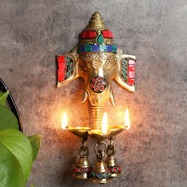 Gemstone Work Brass Ganesha Wall Hanging Diya with Bells for Home Decor, Brass Hanging Diyas Oil Lamp, Temple Decor,
