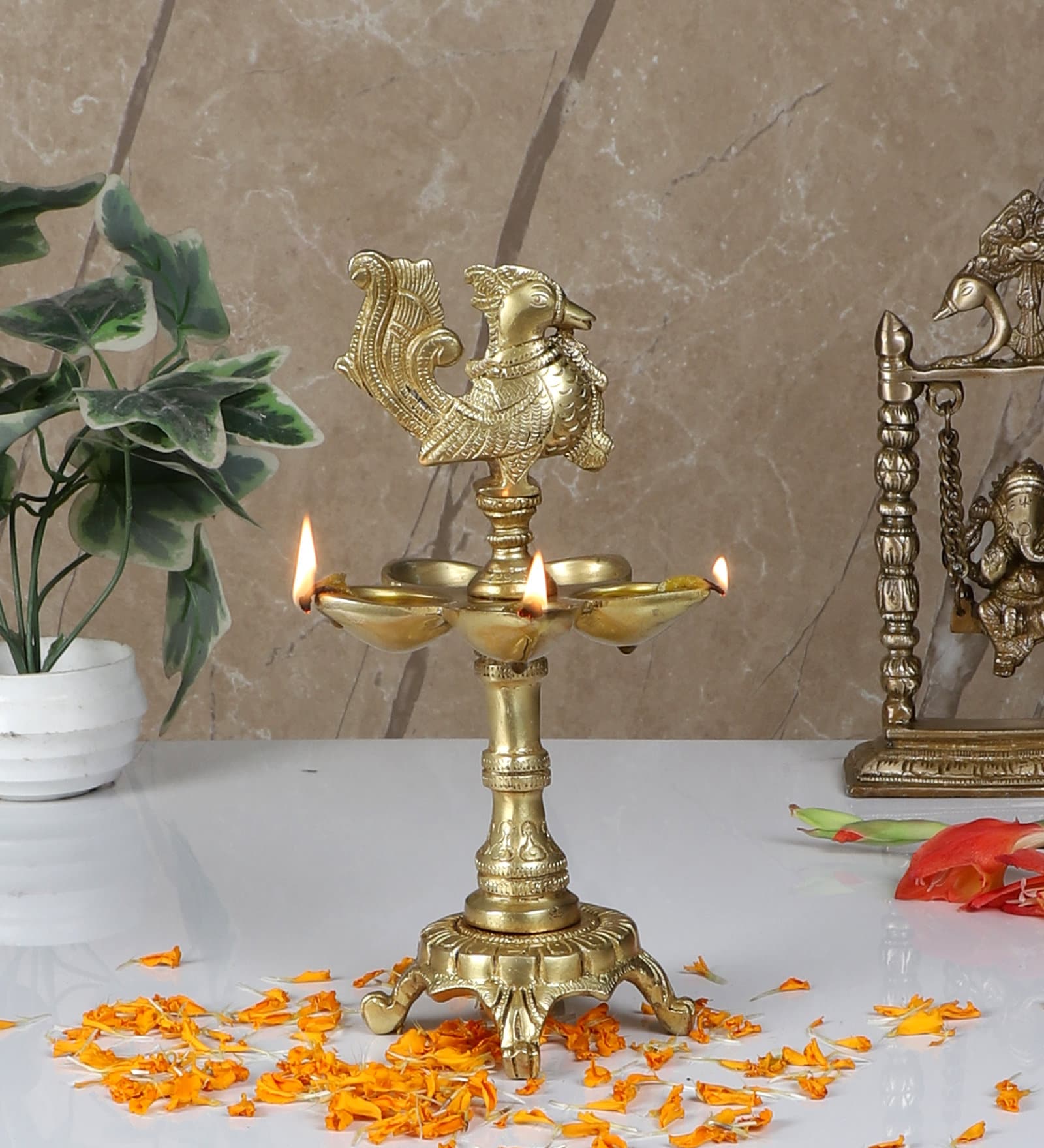 peacock design 5 oil wick brass diya, décoration intérieure, art indien, lampe à huile, accessoires de décoration intérieure