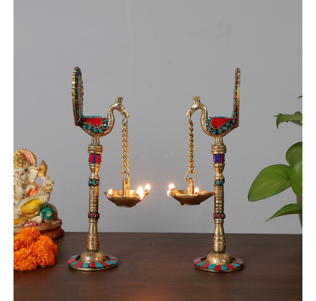 Gemstone Work Peacock Design 9 Inches Brass Hanging Diya Pair , Brass ...