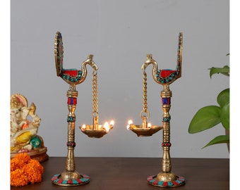 Gemstone Work Peacock Design 9 Inches Brass Hanging Diya Pair , Brass Diyas for Decoration, Brass Oil Lamp, Brass Diya for Puja, Pack of 2