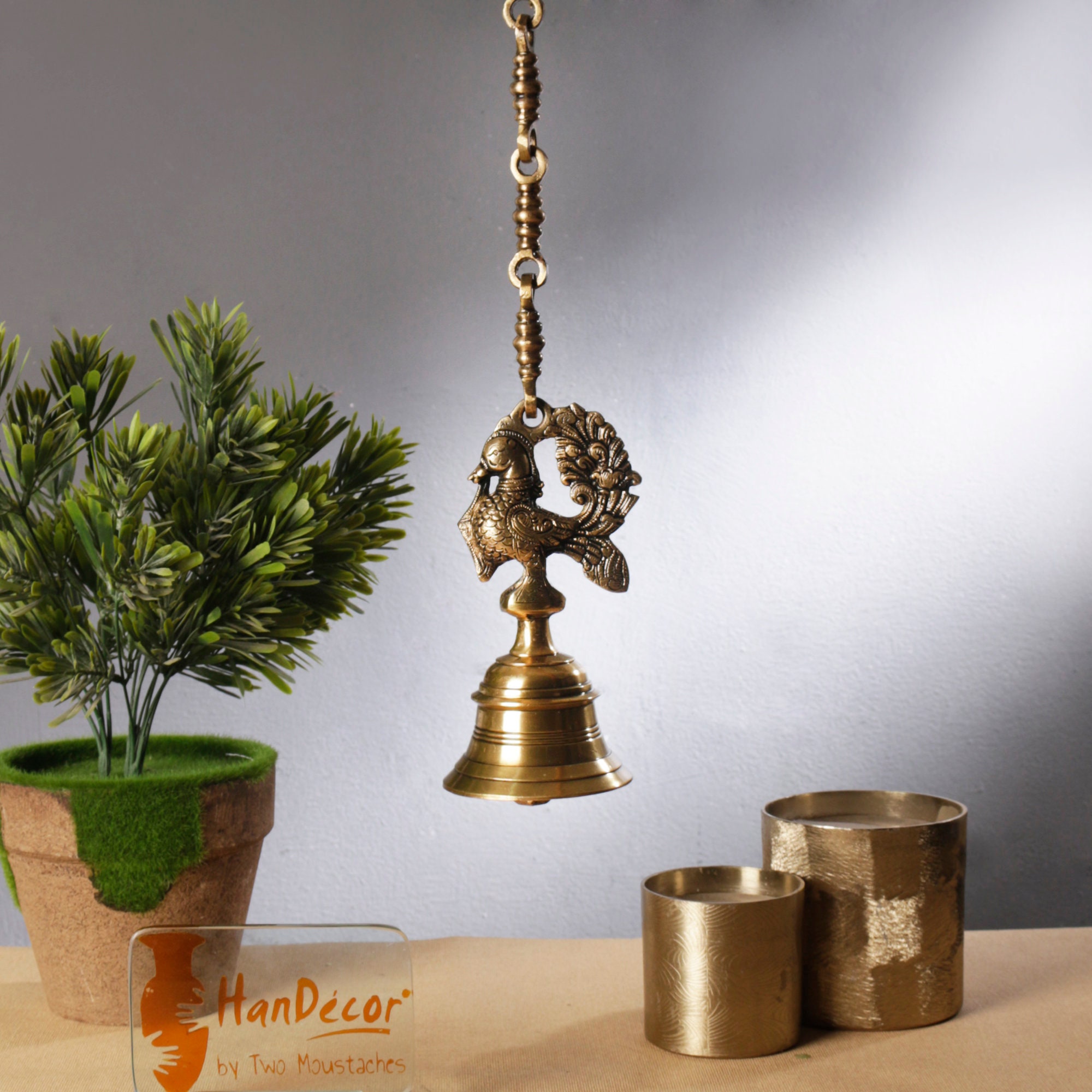 Vintage Style Brass Temple Bell With Peacock on Chain, Chain Size