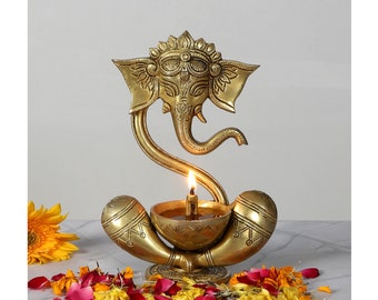 Brass 8 Inches Ganesha with Diya on Lap, Brass Ganesha Oil Lamp, Diyas for Home Decor, Housewarming Gifts, Diyas for Temple