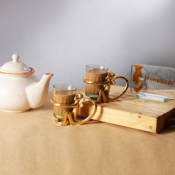 Chai Tea Holder, Brass Monkey Tea Cup Holder Glass Pair Set of 2 2 Brass  Holders & 2 Glass Set, Indian Tea Glass Holder, Kitchen Decor 