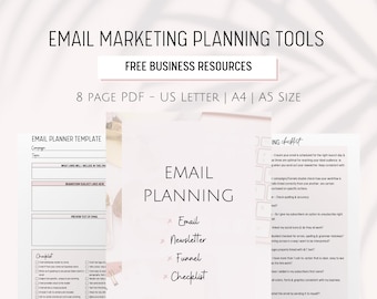 May include: A printable email planning checklist with a pink and white design. The checklist includes sections for email, newsletter, funnel, and checklist. The text "EMAIL PLANNING" is in a large font at the top of the page.