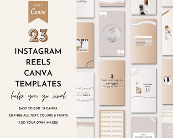May include: A set of 23 Instagram reel templates for Canva. The templates are designed in a minimalist style with a beige and brown color scheme. The text on the templates includes phrases like "help you go viral", "new reel", "3 mistakes you just made", and "3 tools I use to run a successful online business".
