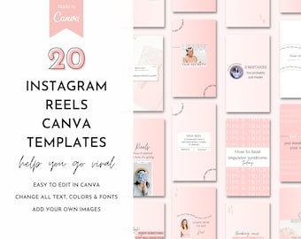 May include: A set of 20 pink and gold Instagram reel templates with text that says "20 Instagram Reels Canva Templates help you go viral". The templates are easy to edit in Canva and include text, colors, and fonts. You can add your own images.