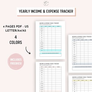 May include: A printable yearly income and expense tracker in four colors. The tracker includes a monthly breakdown of income, expenses, assets, and comments. The document is available in US Letter, A4, and A5 sizes.
