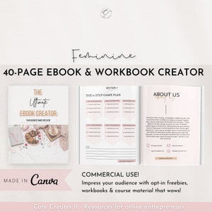 May include: A pink and white digital product mockup for a 40-page ebook and workbook creator. The cover features a pink and white design with the text "The Ultimate Ebook Creator" and "Your Business Name Goes Here". The inside pages feature a pink and white design with the text "The 6-Step Game Plan" and "About Us". The text "Made in Canva" is at the bottom of the image.