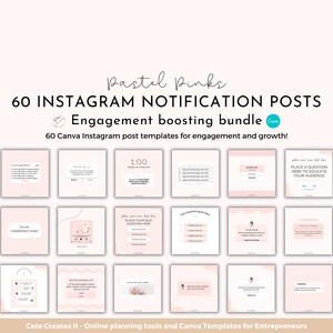 Könnte beinhalten: Ein Set mit 60 pastellrosa Canva Instagram-Postvorlagen zur Steigerung des Engagements. Die Vorlagen verfügen über verschiedene Designs mit Texten wie "Konsistenz ist der Schlüssel", "Platzieren Sie Ihre Quizfrage hier" und "Stellen Sie hier eine Frage, um Ihr Publikum zu bilden".
