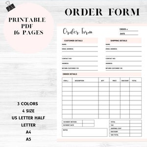 May include: Printable order form template in PDF format. The form includes sections for customer details, shipping details, order details, payment information, and notes. The form is designed for use with a variety of businesses.