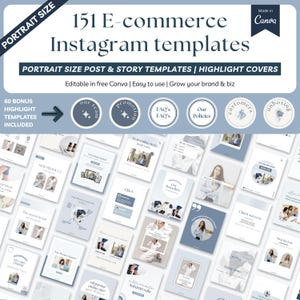 Pode incluir: Um conjunto de 151 modelos de Instagram de e-commerce em formato retrato. Projetado para posts, stories e capas de destaque. Inclui 60 modelos de destaque bônus. O design é em tons de azul e branco, com o texto "Editable in free Canva | Easy to use | Grow your brand & biz."