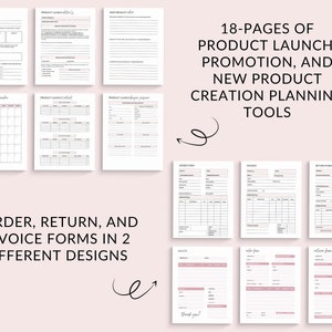 May include: A set of 18 printable pages for planning a product launch, promotion, and new product creation. The pages include checklists, calendars, and forms for orders, returns, and invoices. The forms are available in two different designs.
