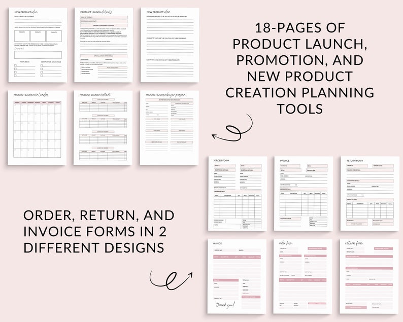 May include: A set of 18 printable pages for planning a product launch, promotion, and new product creation. The pages include checklists, calendars, and forms for orders, returns, and invoices. The forms are available in two different designs.