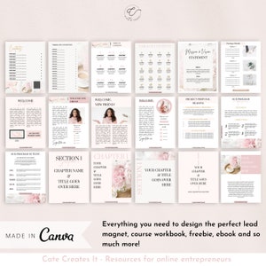 May include: A pink and white digital workbook template with floral accents. The template includes sections for a table of contents, welcome message, program outline, chapters, and a mission and vision statement. The text "Made in Canva" is at the bottom of the image.