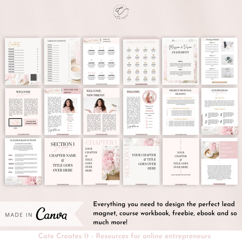 May include: A pink and white digital workbook template with floral accents. The template includes sections for a table of contents, welcome message, program outline, chapters, and a mission and vision statement. The text "Made in Canva" is at the bottom of the image.