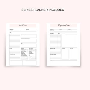 May include: A printable planner for blog post and series planning. The planner includes sections for publishing date, post title, series, main topic, call to action, notes, key events, photography and graphic, tags, and resources. The blog series planner includes sections for start date, end date, series name, post idea, date, media channel, key points of series, guest writer, competition, photography and graphic, and notes and ideas.