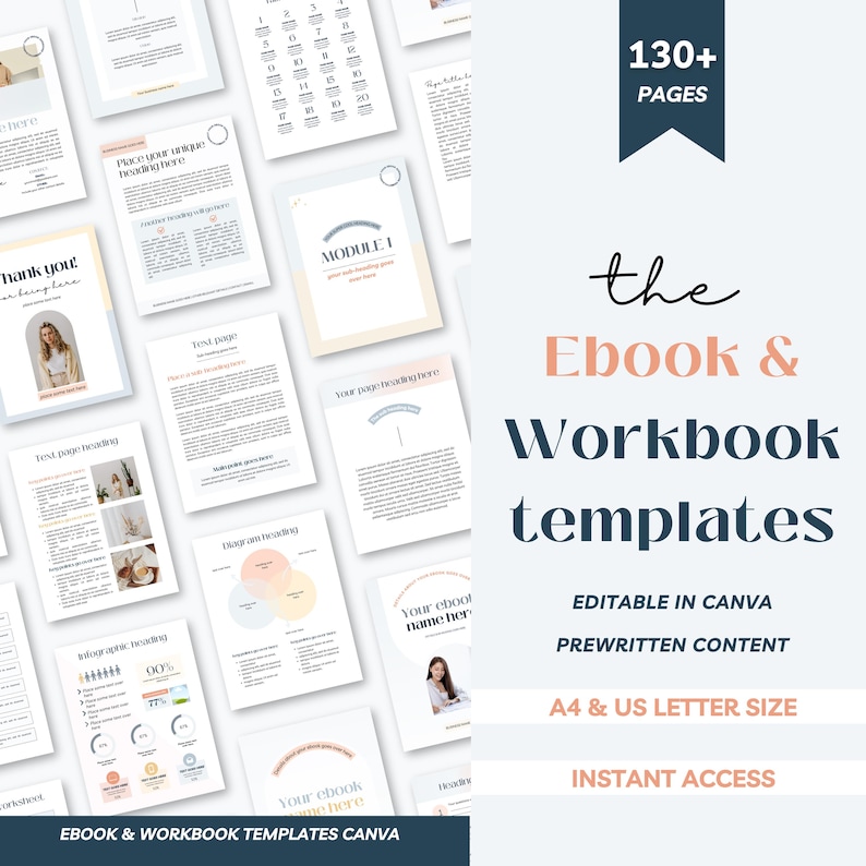 May include: A collection of ebook and workbook templates with a clean, modern design. The templates include various page layouts, infographics, and text pages. The image also includes the text "130+ PAGES", "the Ebook & Workbook templates", and "EDITABLE IN CANVA".