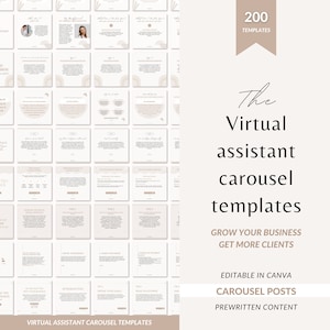 May include: A digital marketing resource with 200 templates for virtual assistant carousel posts. The templates are editable in Canva and include prewritten content to help grow your business and get more clients.