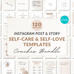 Puede incluir: Un collage de 120 plantillas de publicaciones e historias de Instagram para entrenadores de autocuidado y amor propio. Las plantillas están en un estilo minimalista con un fondo beige y texto marrón. El texto incluye frases como "Tomarse tiempo para uno mismo", "Establecer límites", "Lo estás haciendo mejor", "El autocuidado puede verse como", "Elegir tu autocuidado", "Buenos días", "¿Cómo nutres cada categoría?", y "¿Qué tipo de persona de autocuidado eres?".