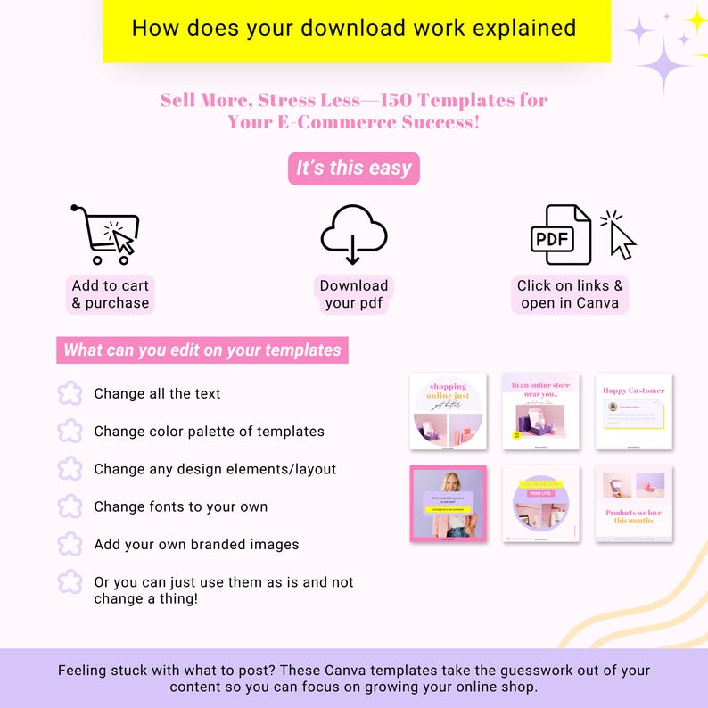 Puede incluir: Un gr&aacute;fico rosa y morado con el texto "How does your download work explained" y "Sell More, Stress Less - 150 Templates for Your E-Commerce Success!" El gr&aacute;fico muestra un carrito de compras, una nube con una flecha de descarga y un documento PDF con una flecha que apunta hacia &eacute;l. El gr&aacute;fico tambi&eacute;n incluye una lista de caracter&iacute;sticas editables para las plantillas, como cambiar el texto, la paleta de colores, los elementos de dise&ntilde;o, las fuentes y agregar im&aacute;genes. El gr&aacute;fico tambi&eacute;n incluye seis plantillas de ejemplo con fondos rosa y morado.