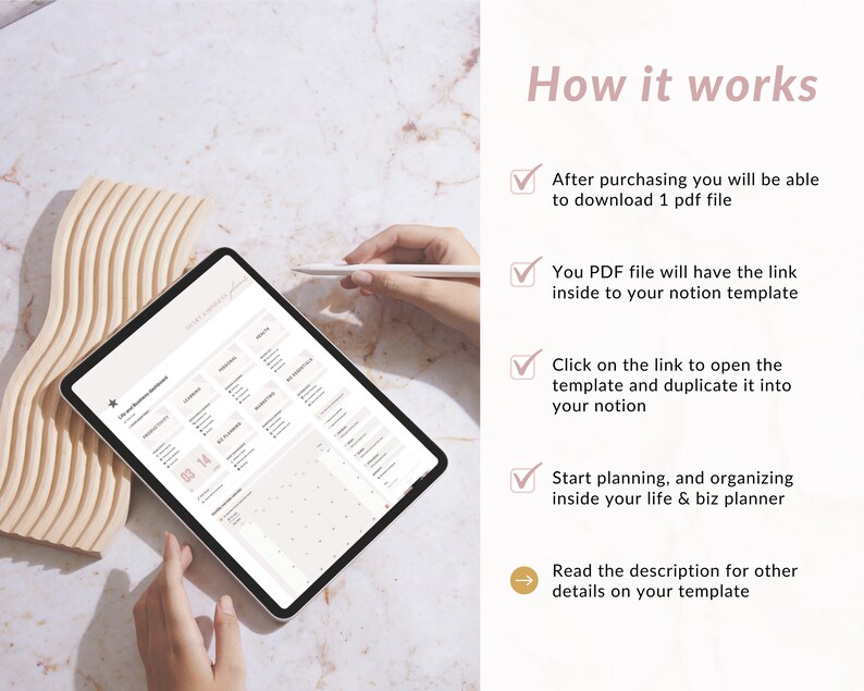 May include: A digital tablet displaying a Notion template for life and business planning. The template includes sections for goals, tasks, and notes. The tablet is on a white surface with a wooden decorative piece.