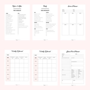 May include: A black and white printable planner with sections for blog post checklists, daily blog checklists, series planner, weekly editorial, and guest post planner.