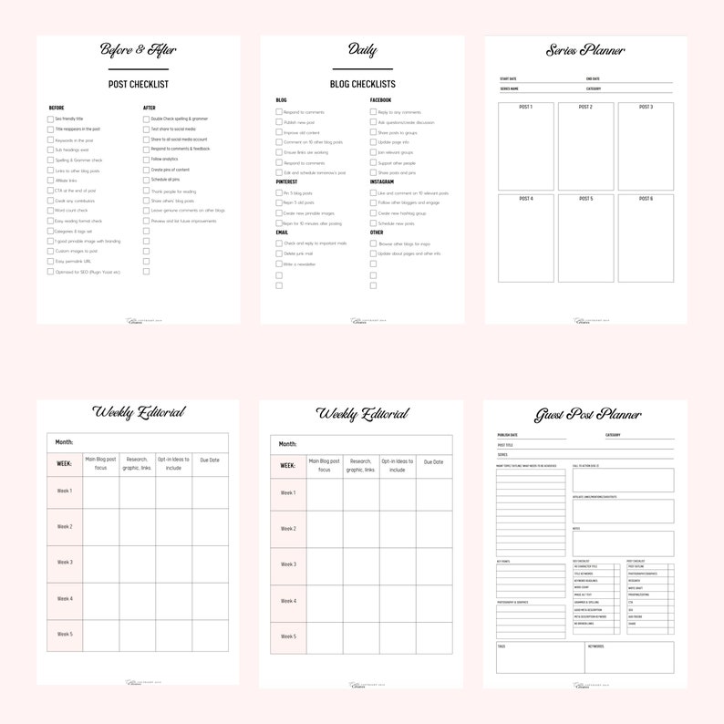 May include: A black and white printable planner with sections for blog post checklists, daily blog checklists, series planner, weekly editorial, and guest post planner.