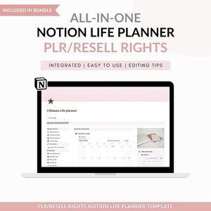 May include: A laptop computer screen displaying a Notion life planner template with a pink background. The template includes sections for productivity, wellness, and a monthly calendar. The text "Ultimate Life Planner" is visible at the top of the screen.