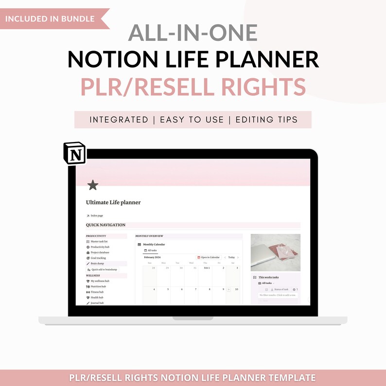 May include: A laptop computer screen displaying a Notion life planner template with a pink background. The template includes sections for productivity, wellness, and a monthly calendar. The text "Ultimate Life Planner" is visible at the top of the screen.