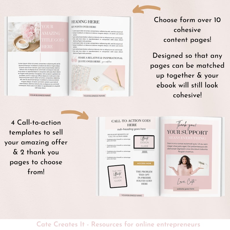 May include: A pink and white ebook cover with the text "Choose form over 10 cohesive content pages!" and "Designed so that any pages can be matched up together & your ebook will still look cohesive!"  The cover also features a pink and white floral design.