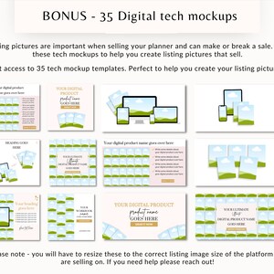 May include: A collection of 35 digital tech mockups for creating listing pictures for planners. The mockups feature a variety of devices, including computers, tablets, and phones, with a green and blue background.