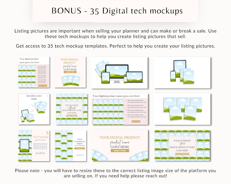 May include: A collection of 35 digital tech mockups for creating listing pictures for planners. The mockups feature a variety of devices, including computers, tablets, and phones, with a green and blue background.