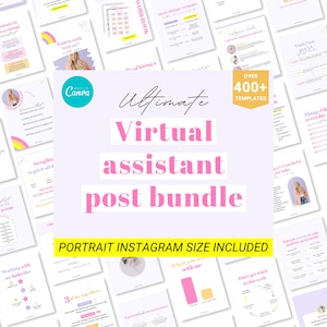 Puede incluir: Un conjunto de plantillas Canva blancas y rosas para asistentes virtuales. El texto central dice "Ultimate Virtual Assistant Post Bundle" con "Portrait Instagram Size Included" debajo. La imagen incluye el logotipo de Canva y el texto "Over 400+ Templates."
