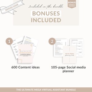 May include: A digital product bundle for virtual assistants, featuring two bonuses: 600 content ideas and a 105-page social media planner. The bundle is titled "The Ultimate Mega Virtual Assistant Bundle".