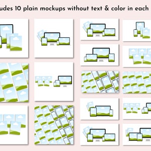 Op de afbeelding: Een set van 10 eenvoudige mockups voor verschillende apparaten, waaronder een telefoon, een tablet en een computer. De mockups zijn allemaal wit en hebben een eenvoudig, modern ontwerp. Ze zijn perfect om uw ontwerpen of producten te presenteren.