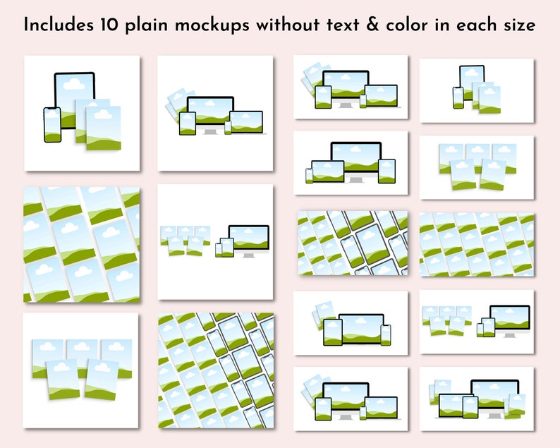 Op de afbeelding: Een set van 10 eenvoudige mockups voor verschillende apparaten, waaronder een telefoon, een tablet en een computer. De mockups zijn allemaal wit en hebben een eenvoudig, modern ontwerp. Ze zijn perfect om uw ontwerpen of producten te presenteren.
